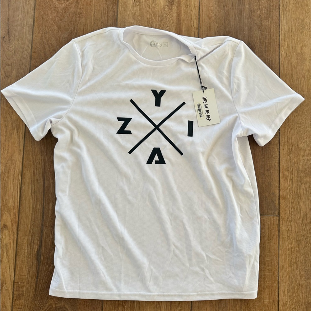 ZYIA White Short Sleeve Crew Tee with Black Logo